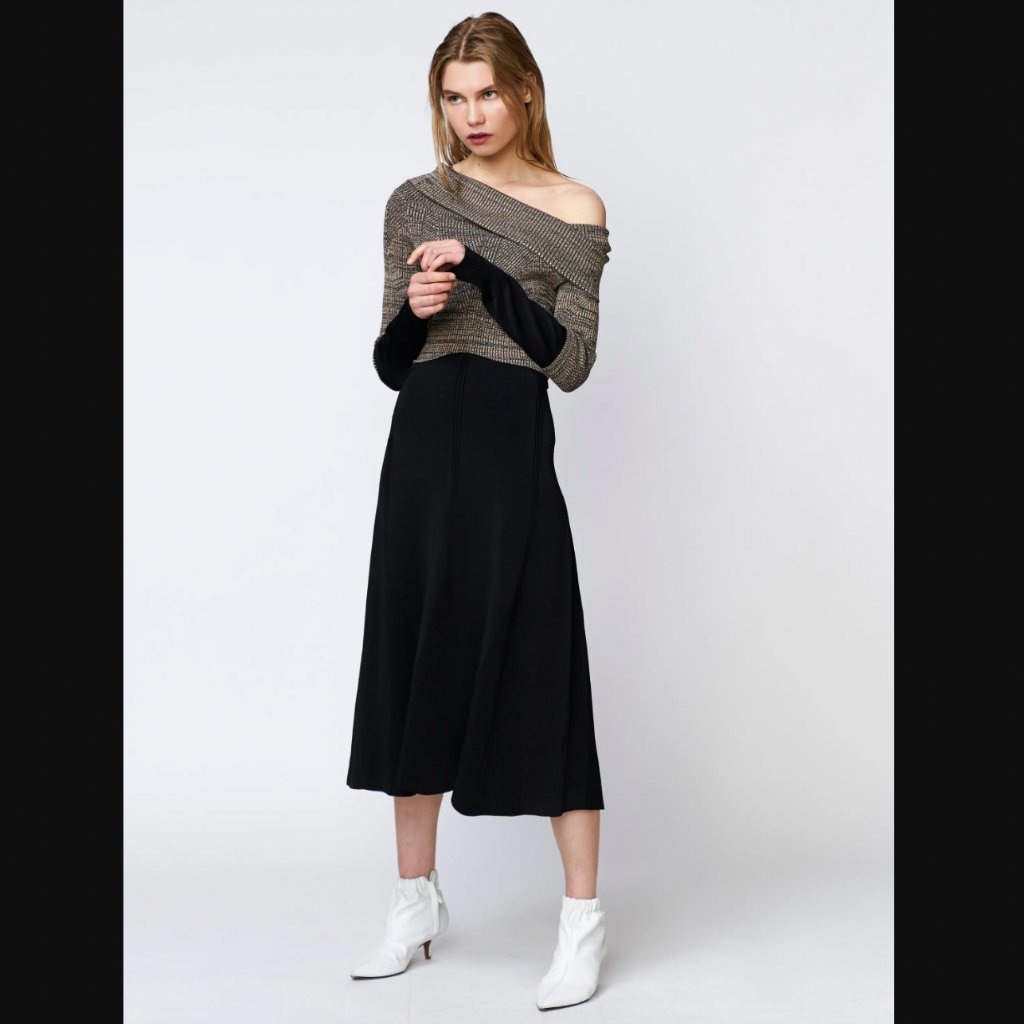 $690 Nwt Yigal Azrouel Black Biege Off The Shoulder Ribbed Knit Dress Sz Xs